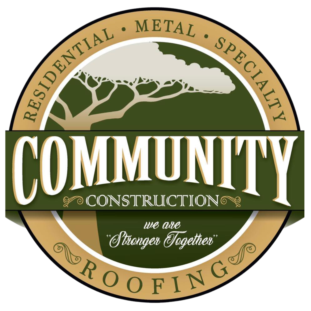 A logo for community construction residential metal specialty roofing