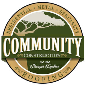 A logo for community construction residential metal specialty roofing