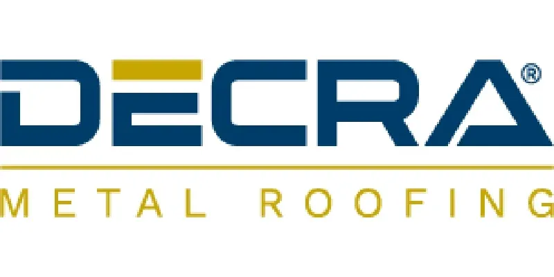 A blue and gold logo for decra metal roofing