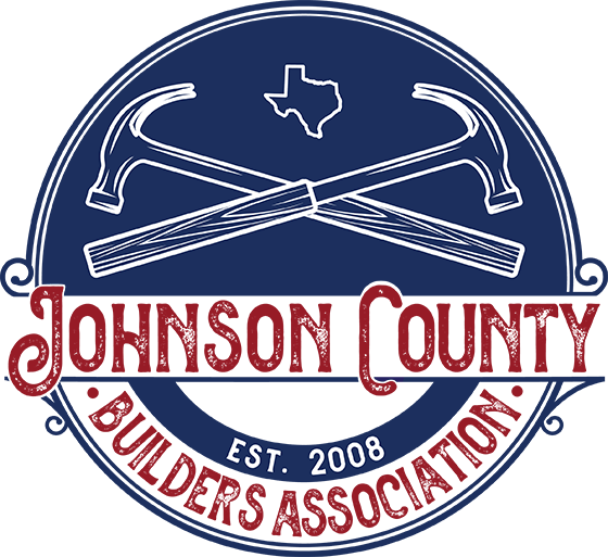 Logo for Johnson County Builders Association, with crossed hammers, Texas outline, and text.