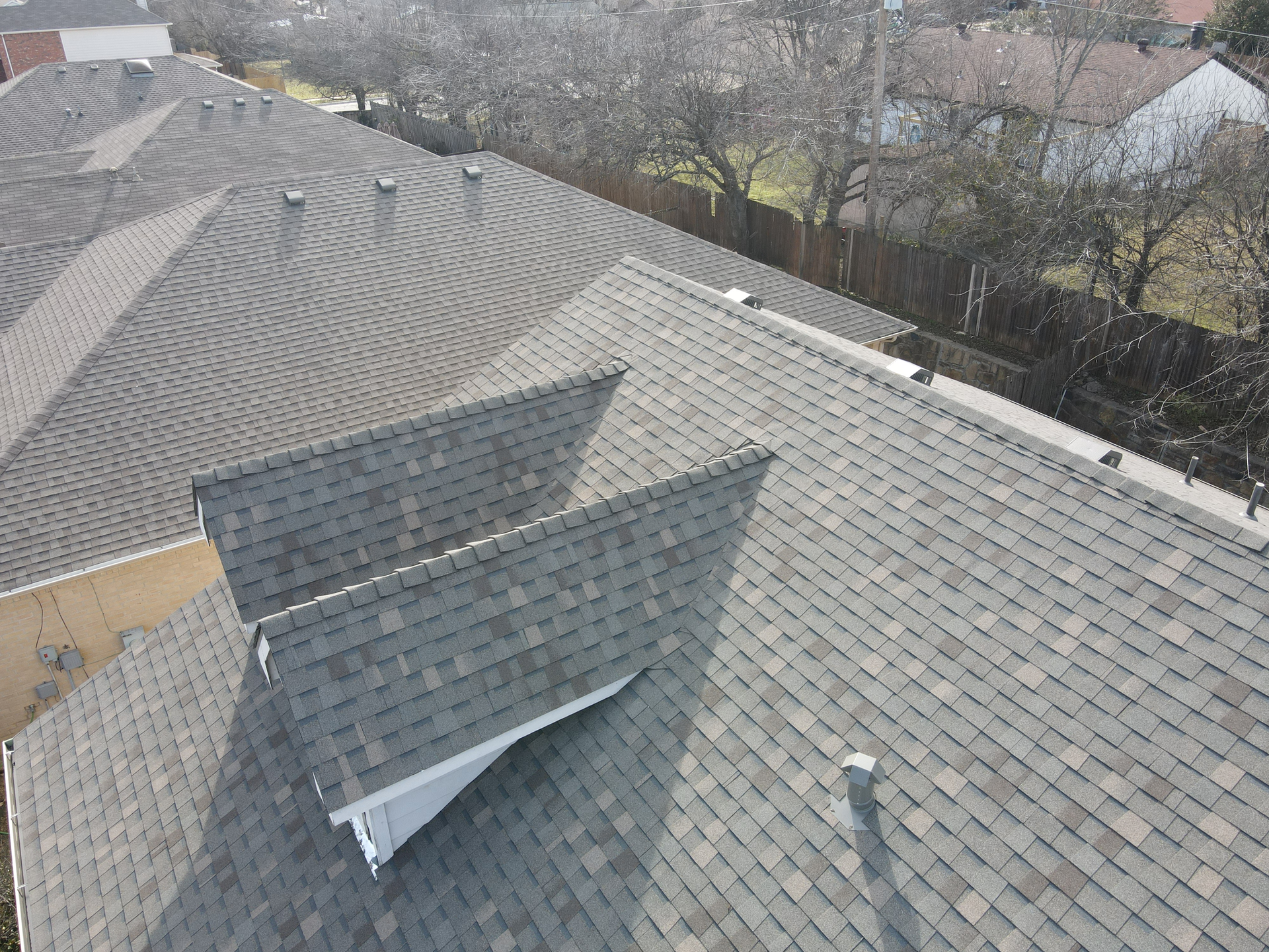An aerial view of the roof of a house
