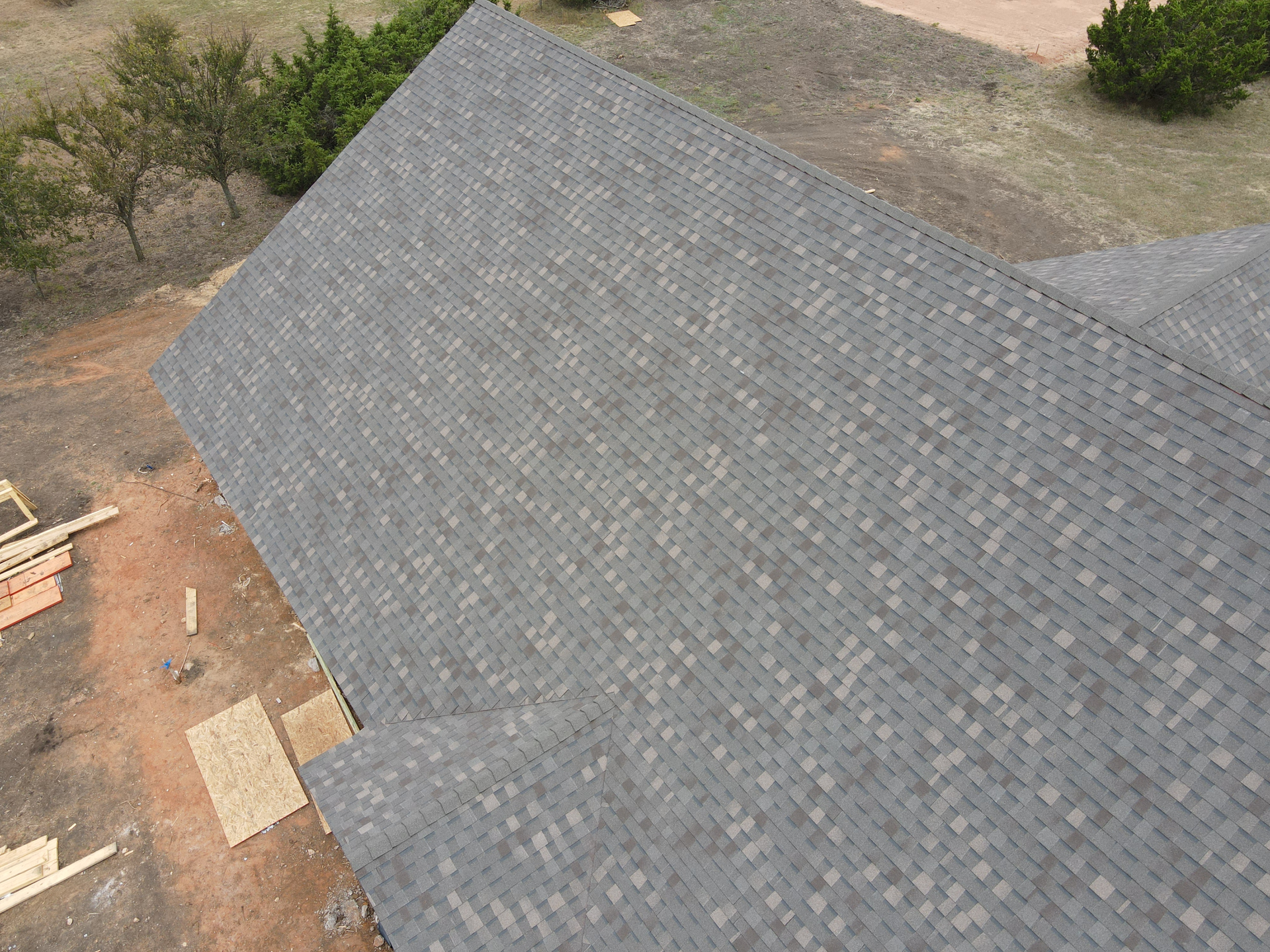 An aerial view of a roof of a house under construction.