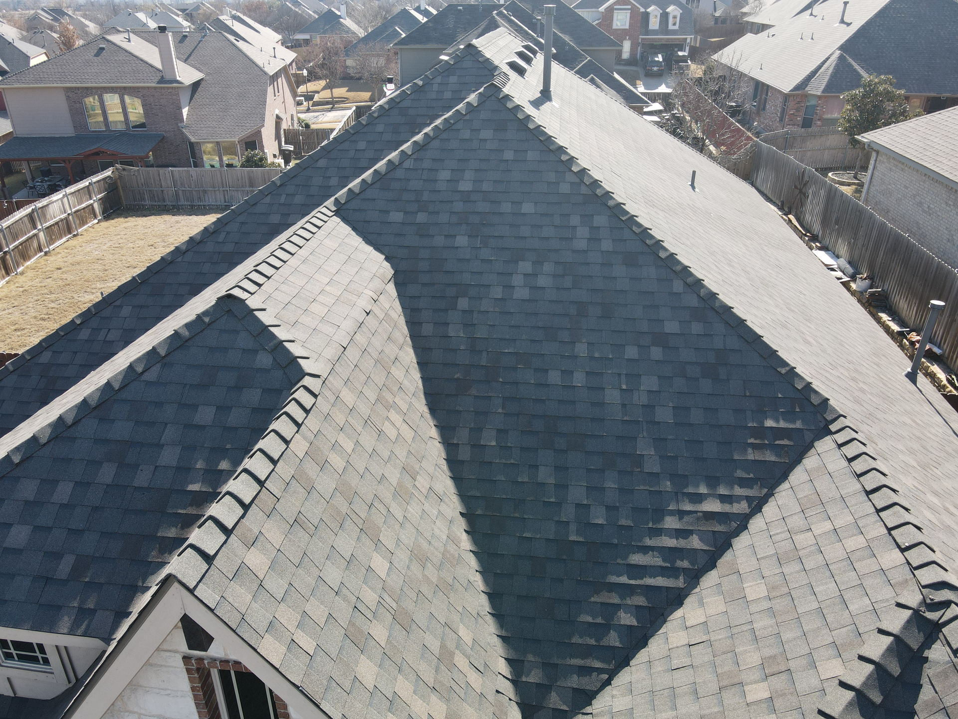 An aerial view of the roof of a house