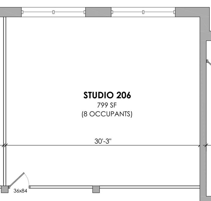 a black and white floor plan of a studio with 8 occupants .