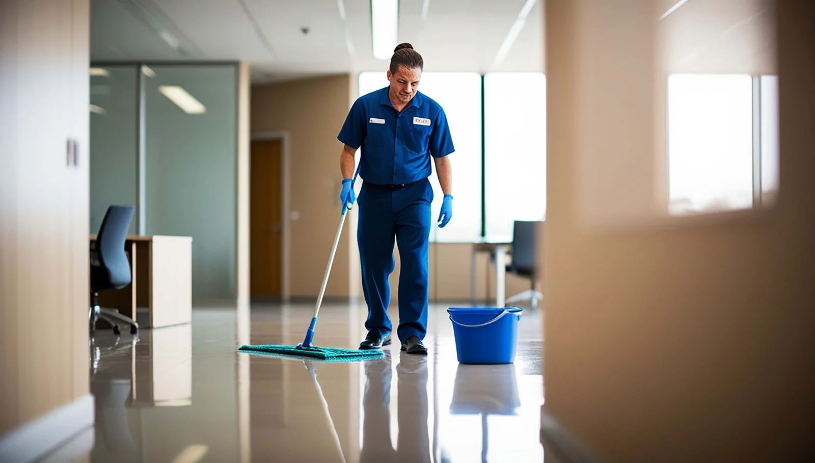 Person mopping the floor of an office hallway wearing a blue uniform and gloves; blue bucket nearby.