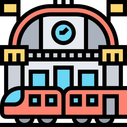 Un'icona di un treno con un orologio sopra.