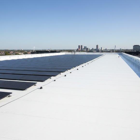 witdak met zonnepanelen in rotterdam door vdp dakbedekking aangebracht 