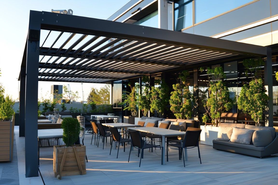 Dark wood lattice pergola overlooking a garden view.