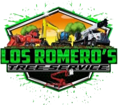 Logo for Los Romero's Tree Service, featuring machinery: chipper, excavator, crane, and green and black hexagon.
