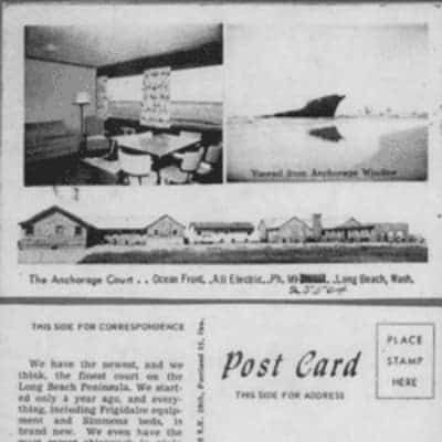 Vintage postcard: The Anchorage Court in Long Beach, Washington. Features interior, exterior, and ocean view.