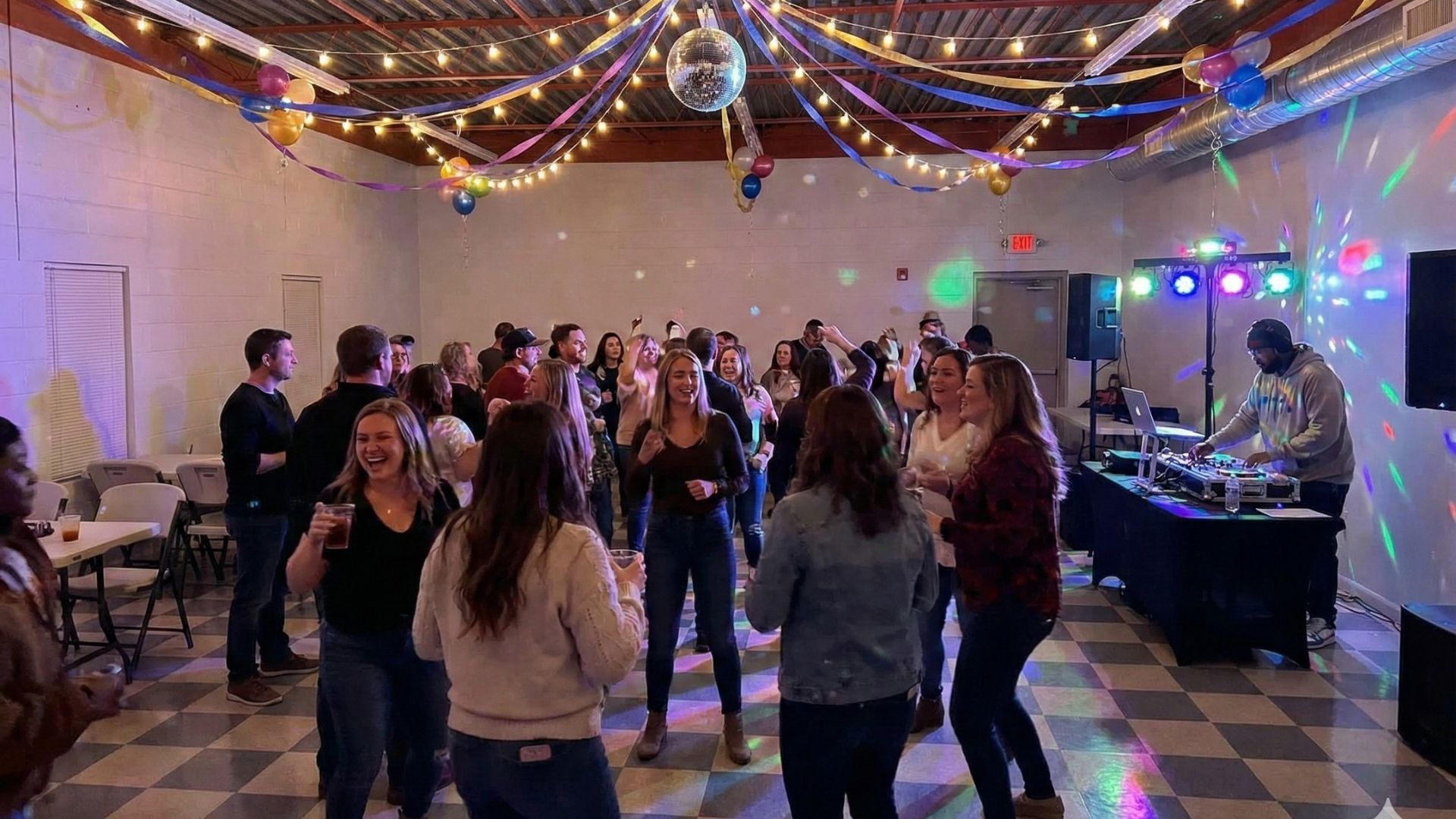 Party setup with tables, snacks, drinks, balloons, and artwork against a light blue wall in a room with a checkered floor.