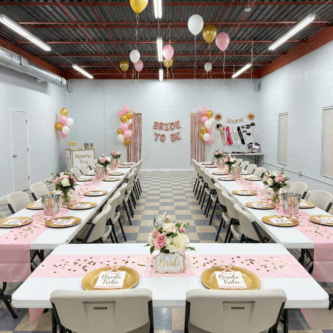 Balloons of silver, white, orange, and blue against a backdrop of gold and white tinsel.