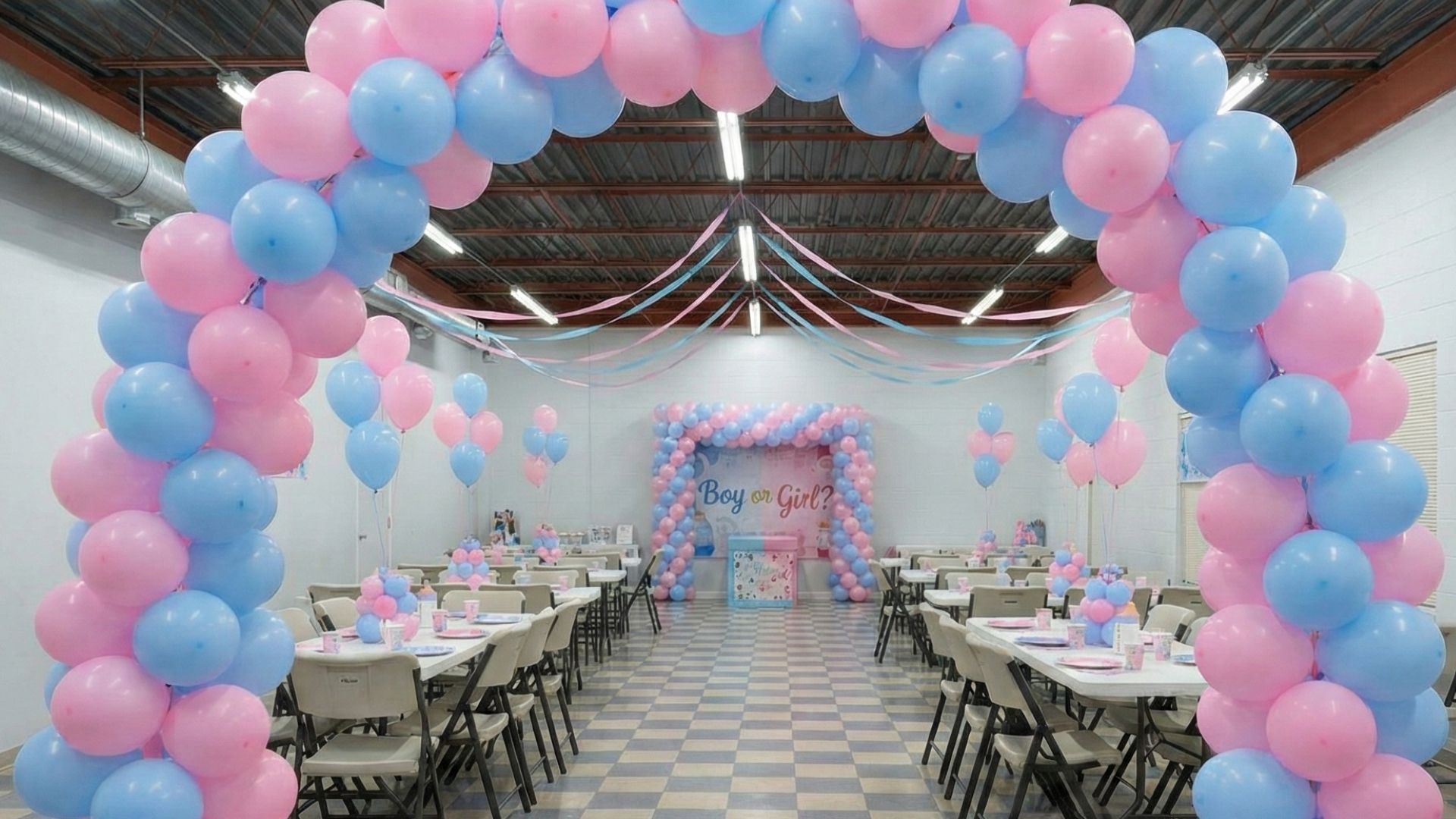 Pregnant woman and man pose by a cake and balloons at a baby shower, smiling, in a white setting.