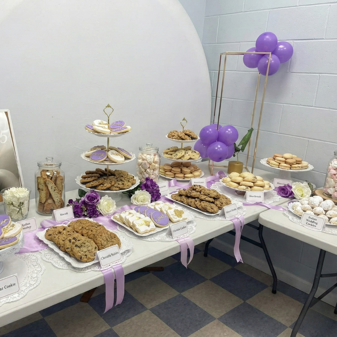 Dessert table with various sweets, including cupcakes and parfaits, decorated in pink and white.