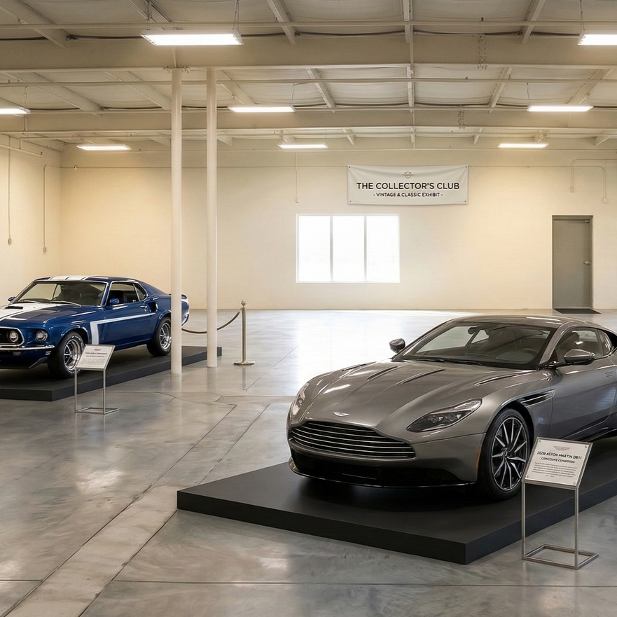 Three cars (black, white, white) inside a large, empty warehouse.
