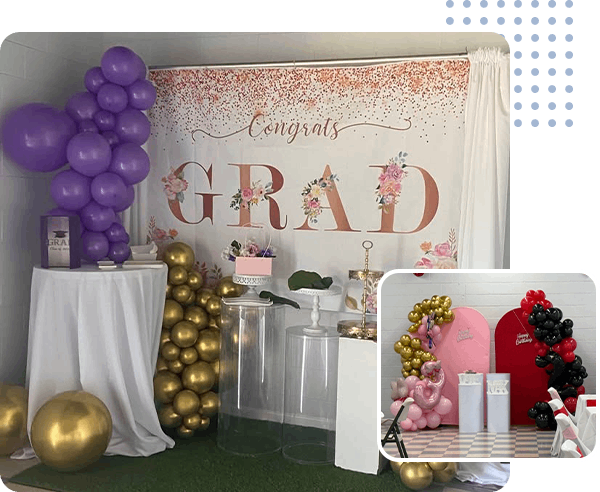 Graduation party setup with balloons, a