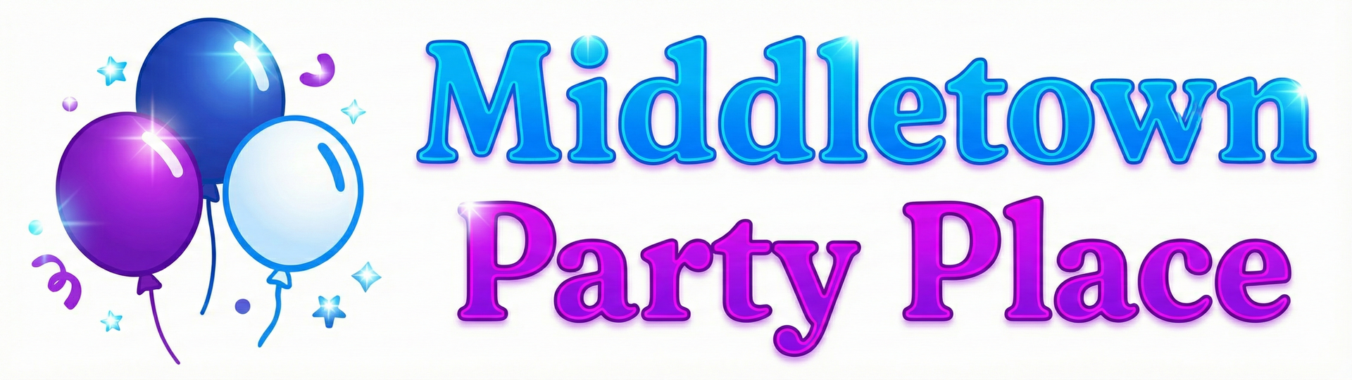 Logo for Middletown Party Place with three balloons and text in blue and purple.