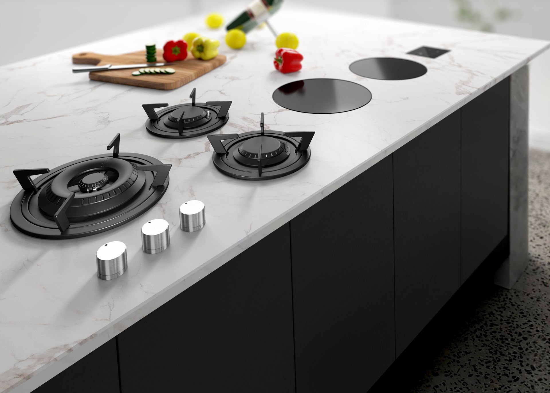 high end kitchen countertop with integrated tulip gas cooktop