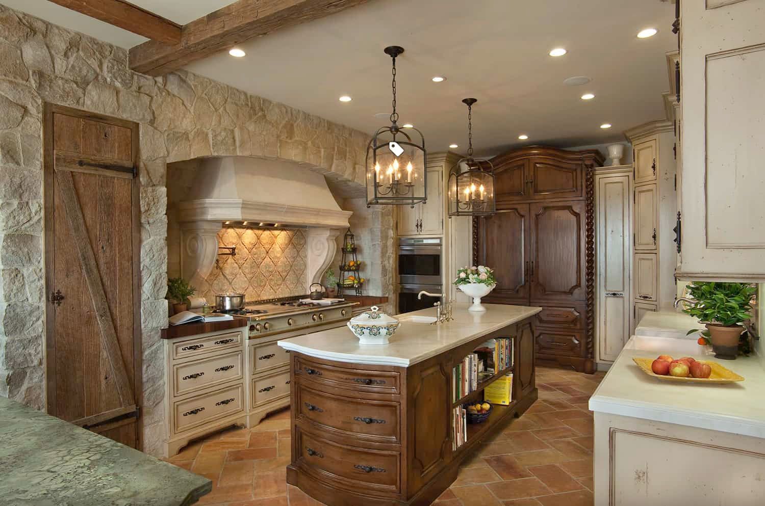 a kitchen with a stone countertop
