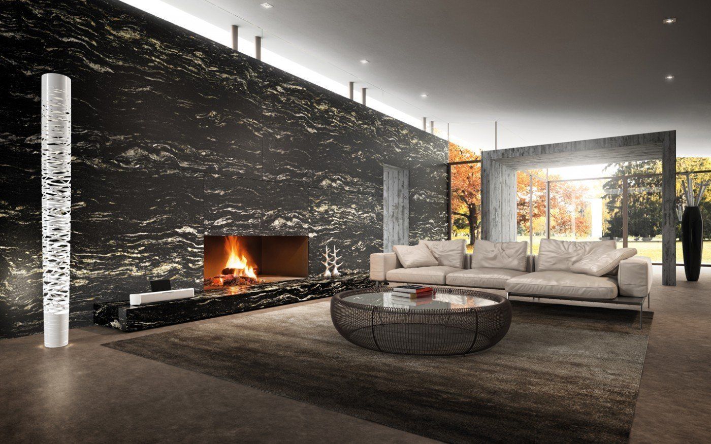 Ultra modern and bold living room design featuring porcelain wall and fireplace surround. 