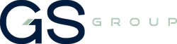 A blue and white logo for gs group