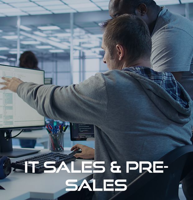Two men looking at a computer screen with the words it sales & pre-sales below them