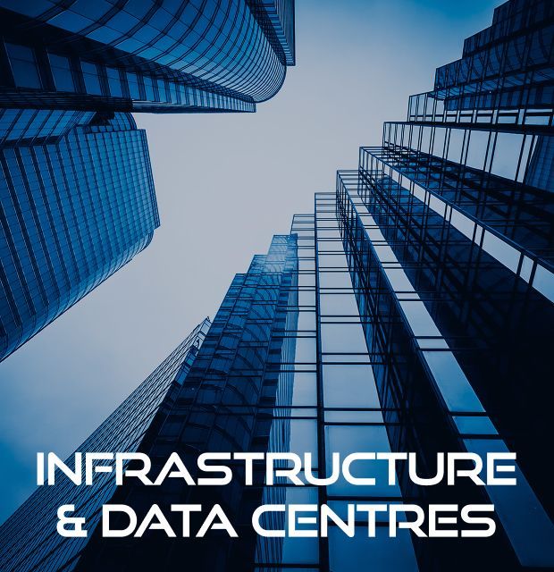Looking up at a skyscraper with the words infrastructure and data centres below it