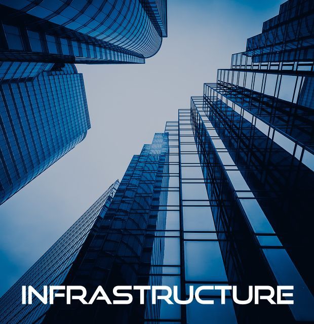 Looking up at a skyscraper with the words infrastructure and data centres below it