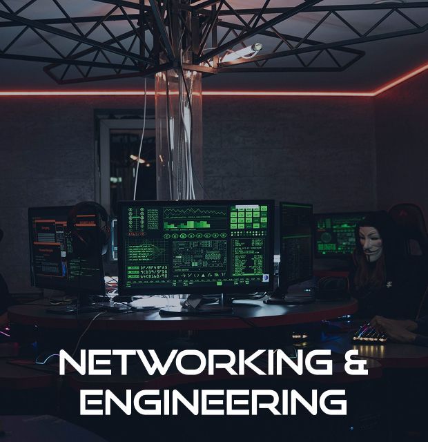 A poster for networking and cyber security with a woman sitting at a desk