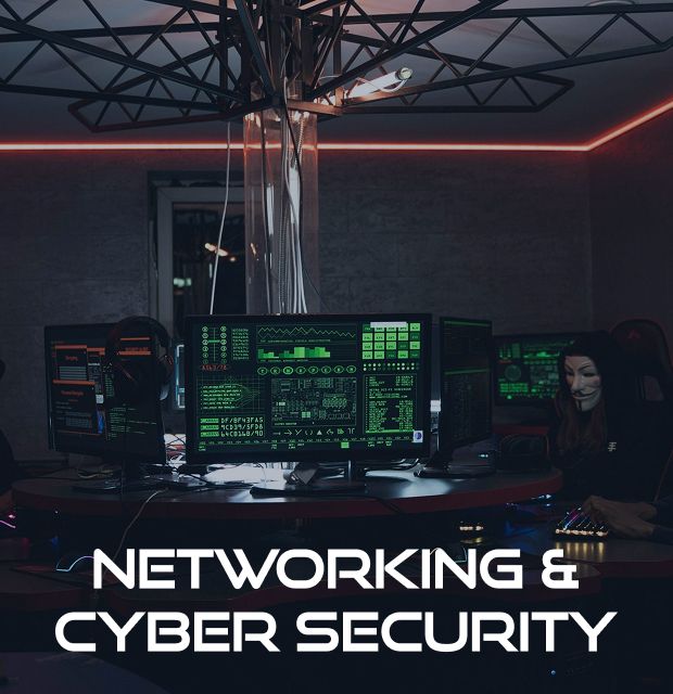 A poster for networking and cyber security with a woman sitting at a desk