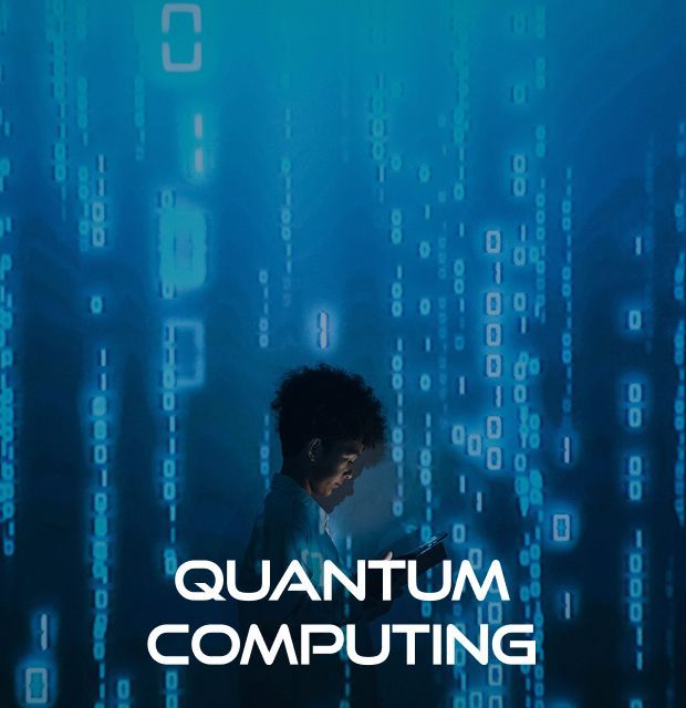 A poster for quantum computing shows a man looking at a tablet