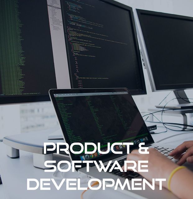 A person is typing on a laptop with the words product and software development below them