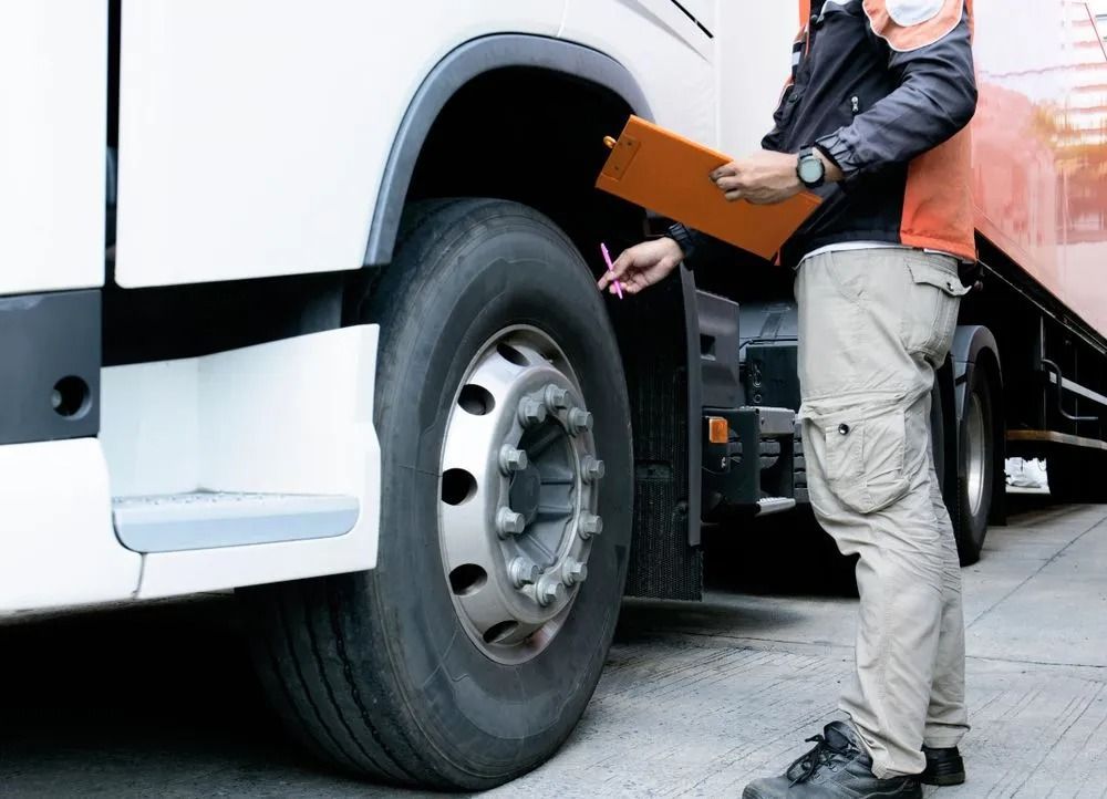 A Person in a High-visibility Vest Inspects a Large White Truck Tire — B & W Commercials In Wauchope, NSW