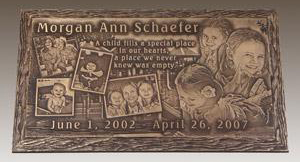 a memorial plaque for morgan ann schaefer shows a collage of pictures of children .
