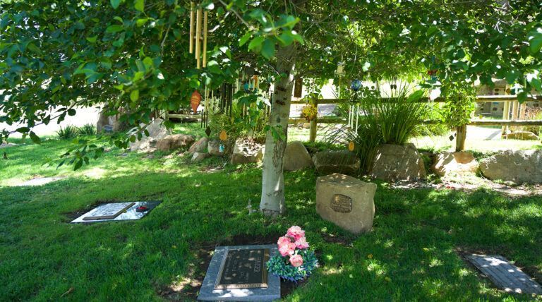 a graveyard with a tree in the background and flowers in the foreground .