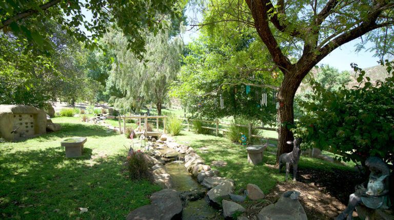 a lush green park with trees , rocks and a stream .