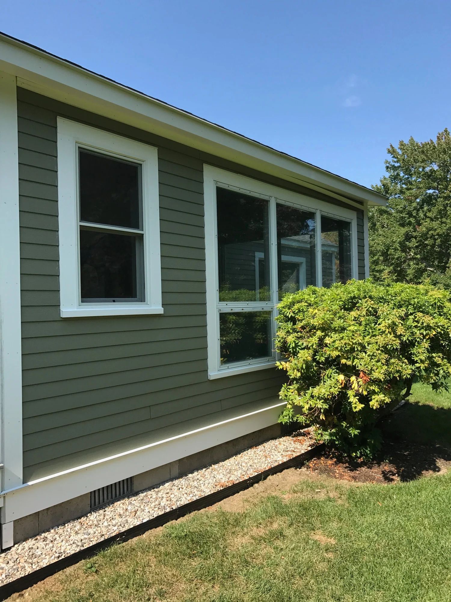 Green-sided house with white window frames and a small bush in front. Sunny day.