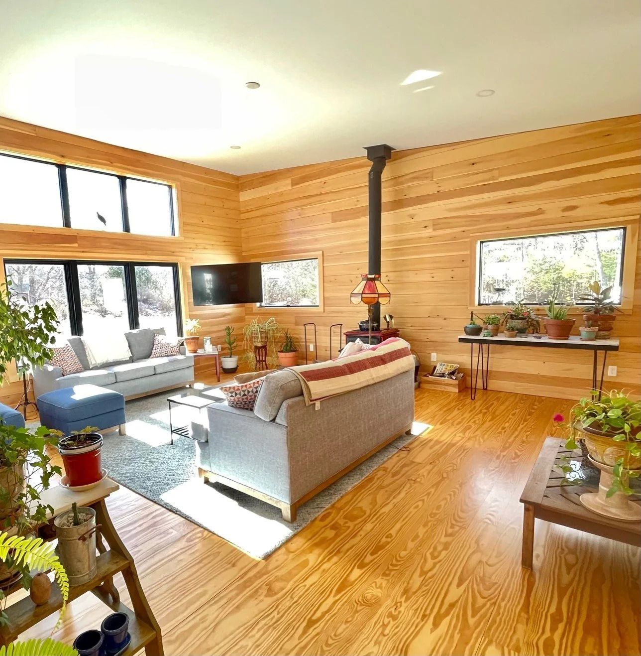 Bright, wood-paneled living room with gray sofas, indoor plants, a wood-burning stove, and natural light from large windows.