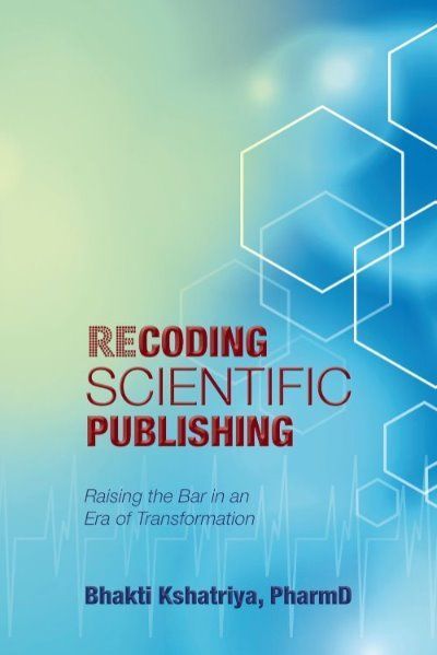 書籍封面:“Recoding Scientific Publishing”,具有藍色、白色和綠色的抽象背景和六邊形。