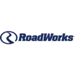 RoadWorks logo: Blue road symbol inside circle, dark blue text