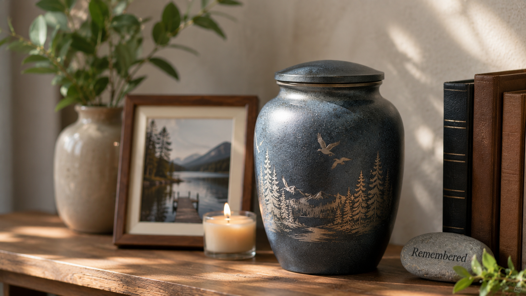 Decorative cremation urn with memorial candle and framed photo in Amboy, IL