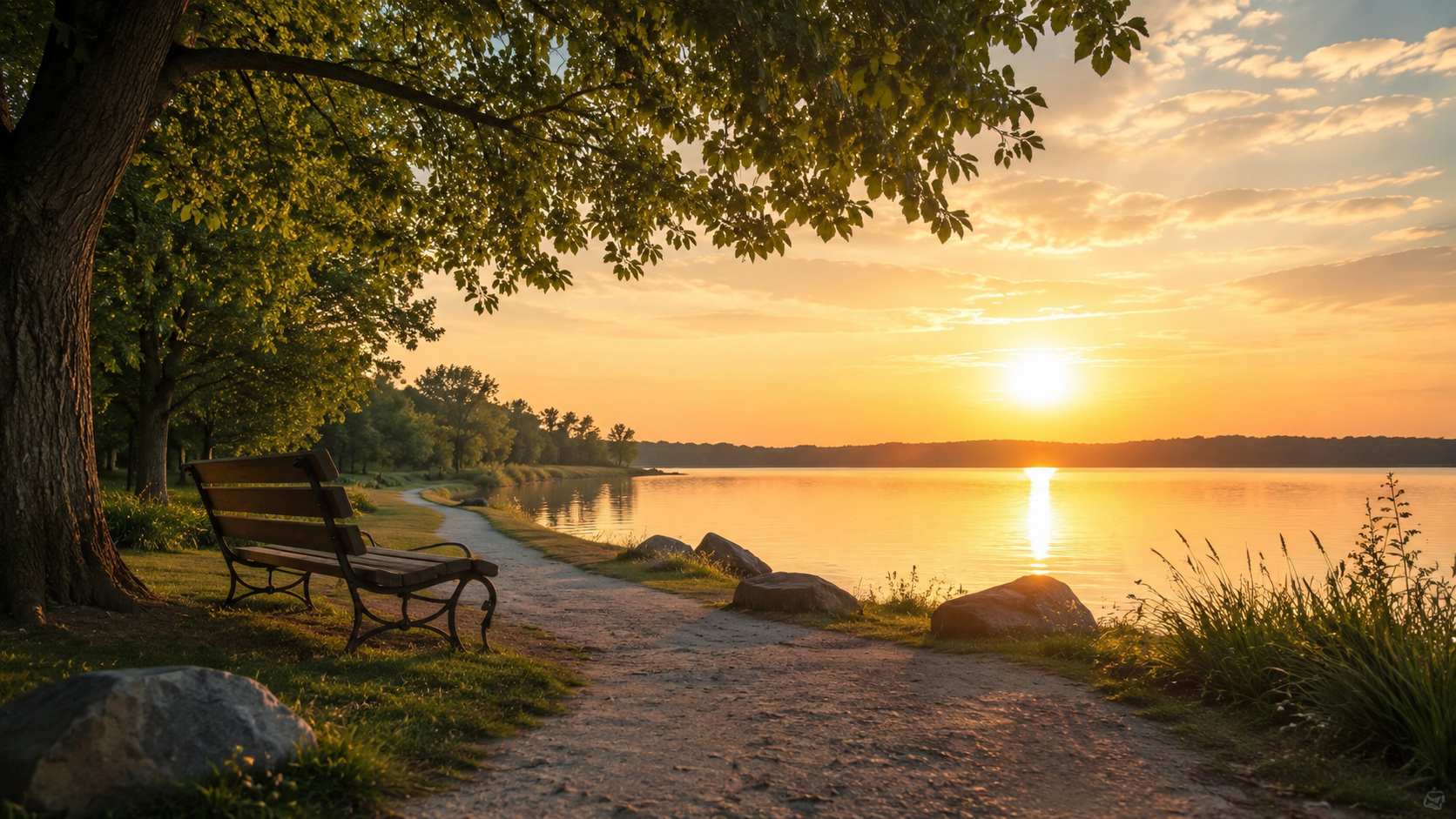 Memorial bench overlooking peaceful lakeside at sunset for cremation services in Morrison, IL