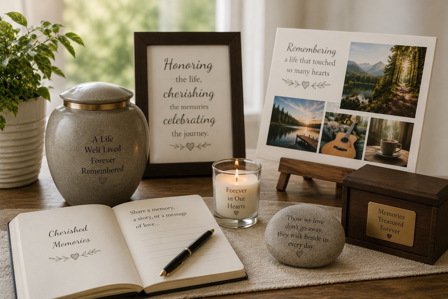 Cremation memorial display with urn and keepsakes for cremation services in Morrison, IL.