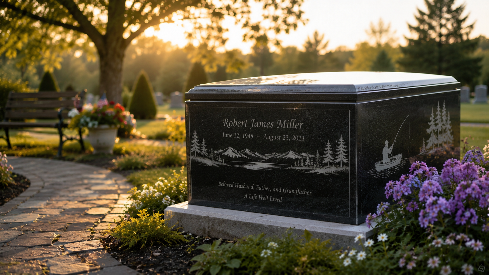Decorative memorial monument with engraved tribute in landscaped cemetery in Amboy, IL