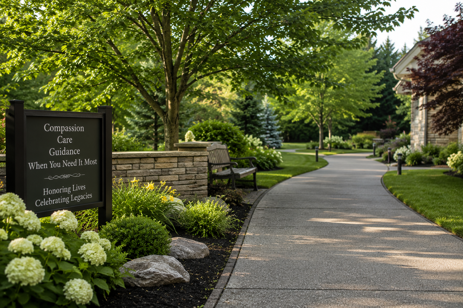 Funeral home entrance with landscaped walkway for funeral services in Fulton, IL.