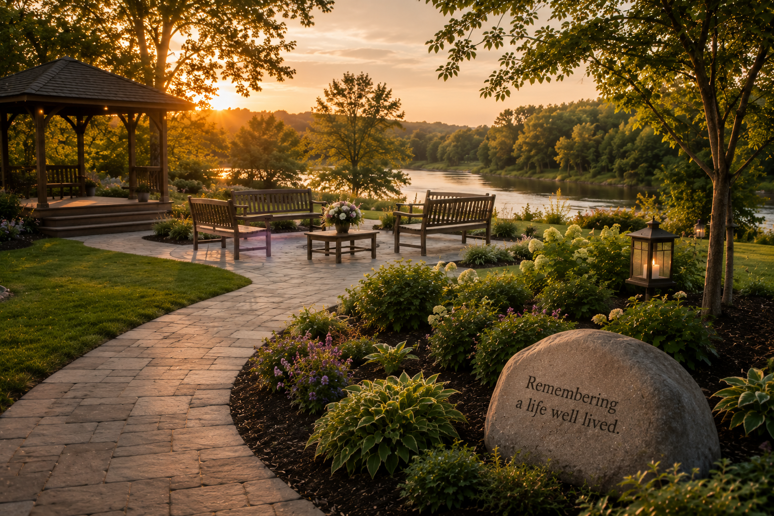 Memorial garden with gazebo, benches, and engraved tribute stone beside a river in Morrison, IL