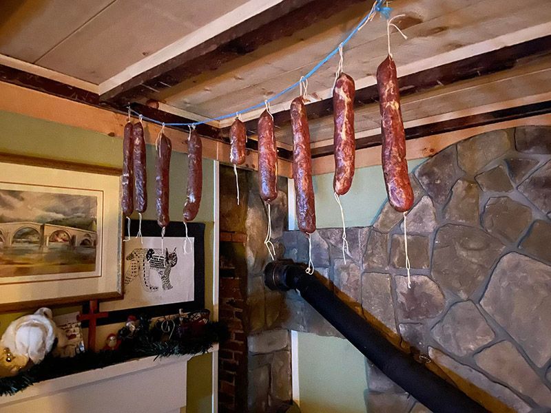 sausage hanging to dry on a line