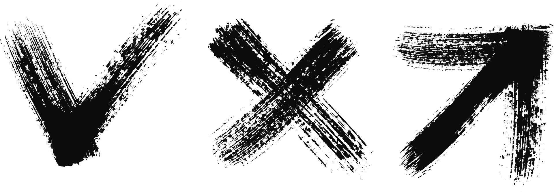 Check mark, X mark, and right arrow brush stroke icons.