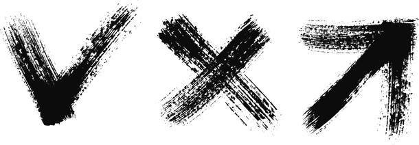 Check mark, X mark, and right arrow brush stroke icons.