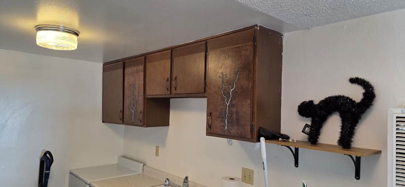 Brown kitchen cabinets, white walls, and a decorative black cat on a shelf.